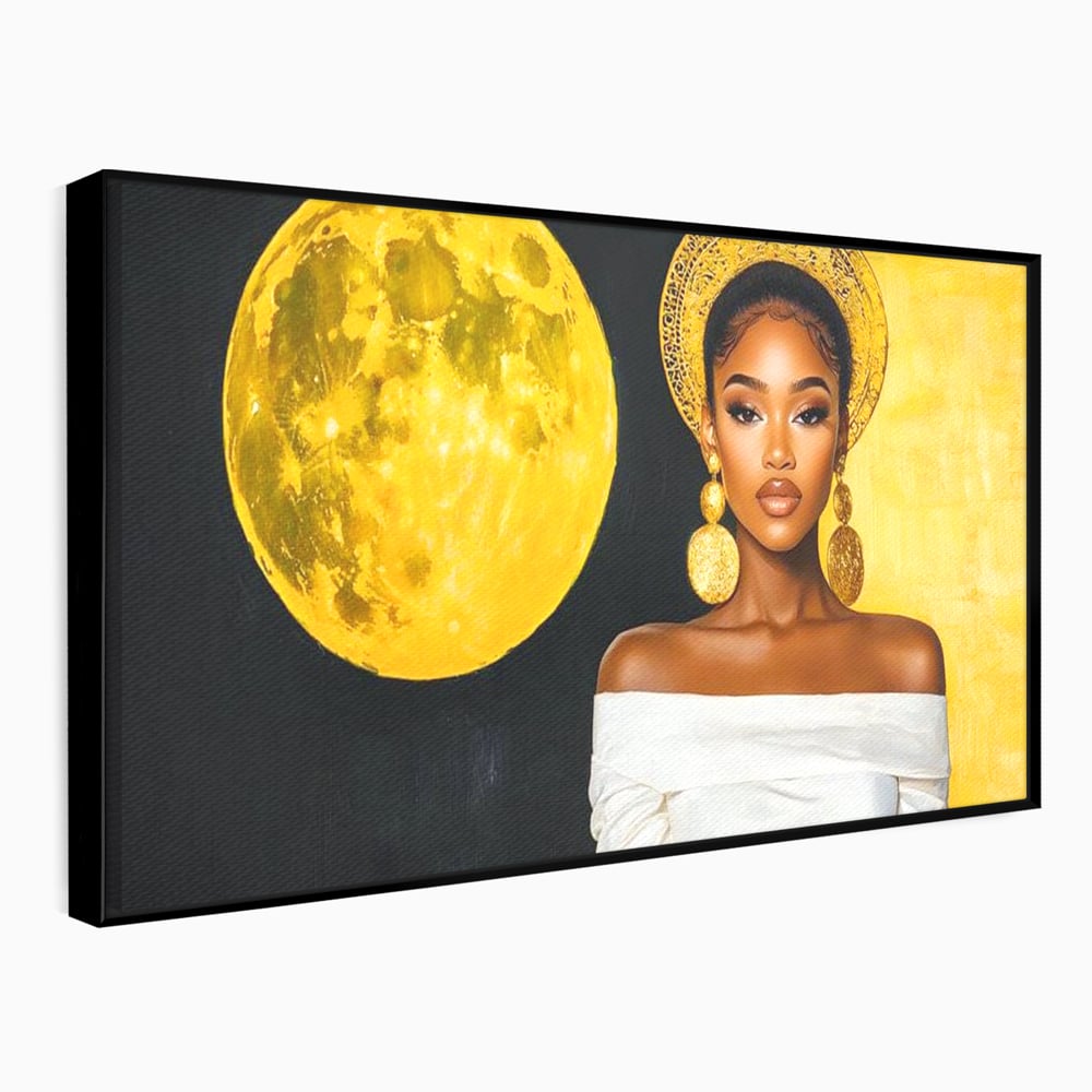 Tablou canvas cu tablou canvas cu femeie si luna aurie, in rama de aluminiu negru